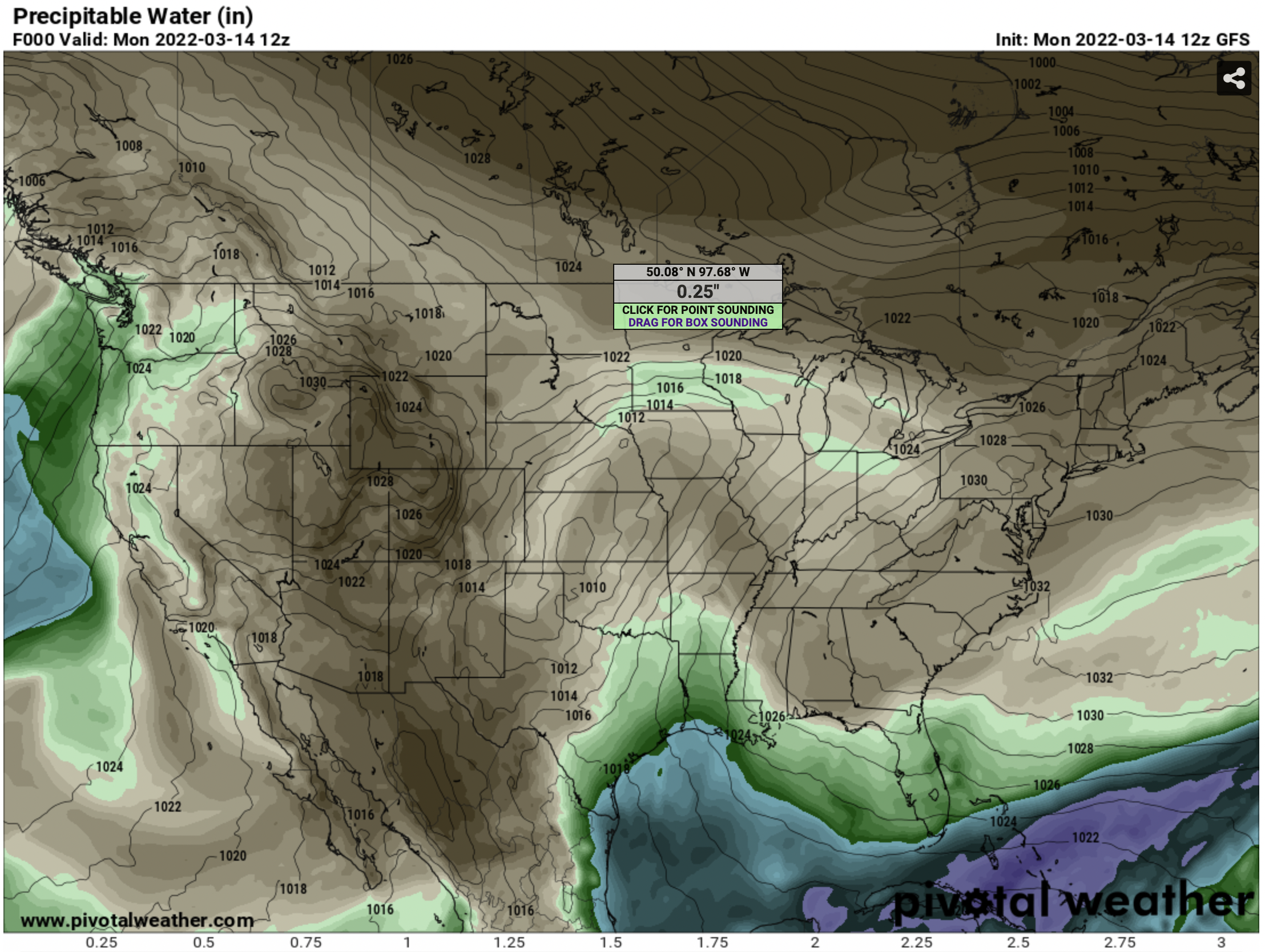 Fig. 1—GFS-based map of Precipitable Water from Pivotal Weather with pop-up reading.