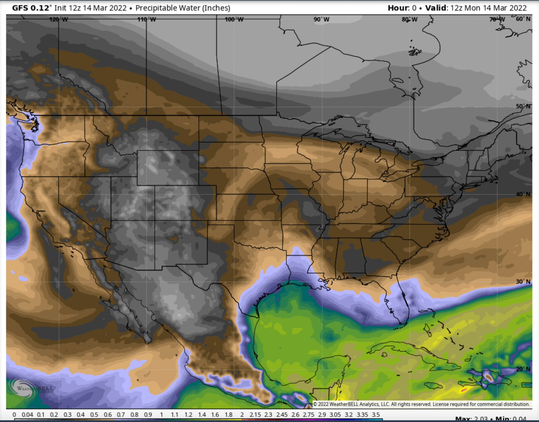 Fig. 3—GFS model-based map of Precipitable Water from WeatherBELL.